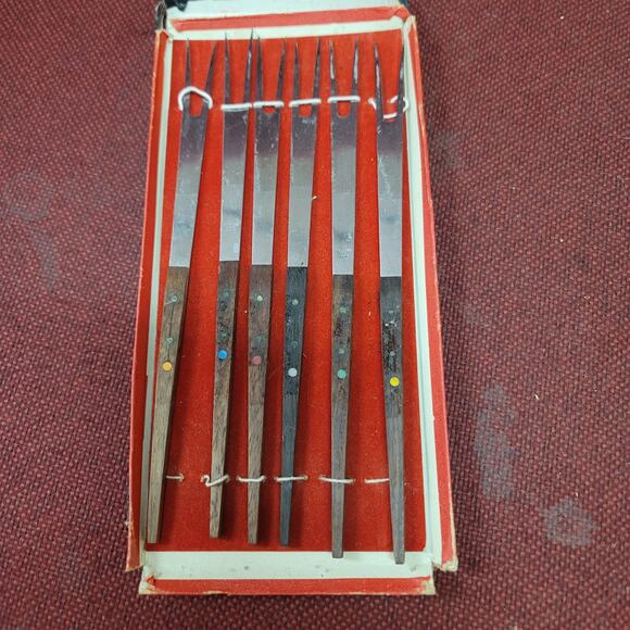 Unbranded Other - Set of 6 Vintage Fondue Forks Mid Century Modern Teak Wood 2 Prong Hors d'oeuvre
